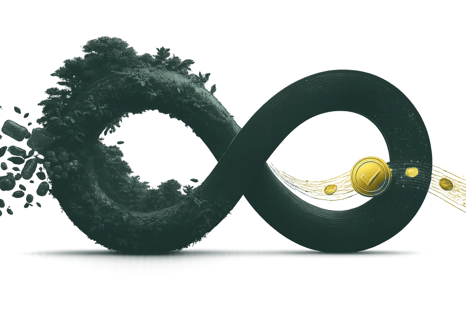 Sustenza circular-economy loop: recovered material flowing into verified EPR credits, sealed by a gold compliance mark